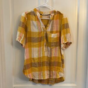 Pilcro Yellow and Pink Plaid 1/2 Button Down Shirt